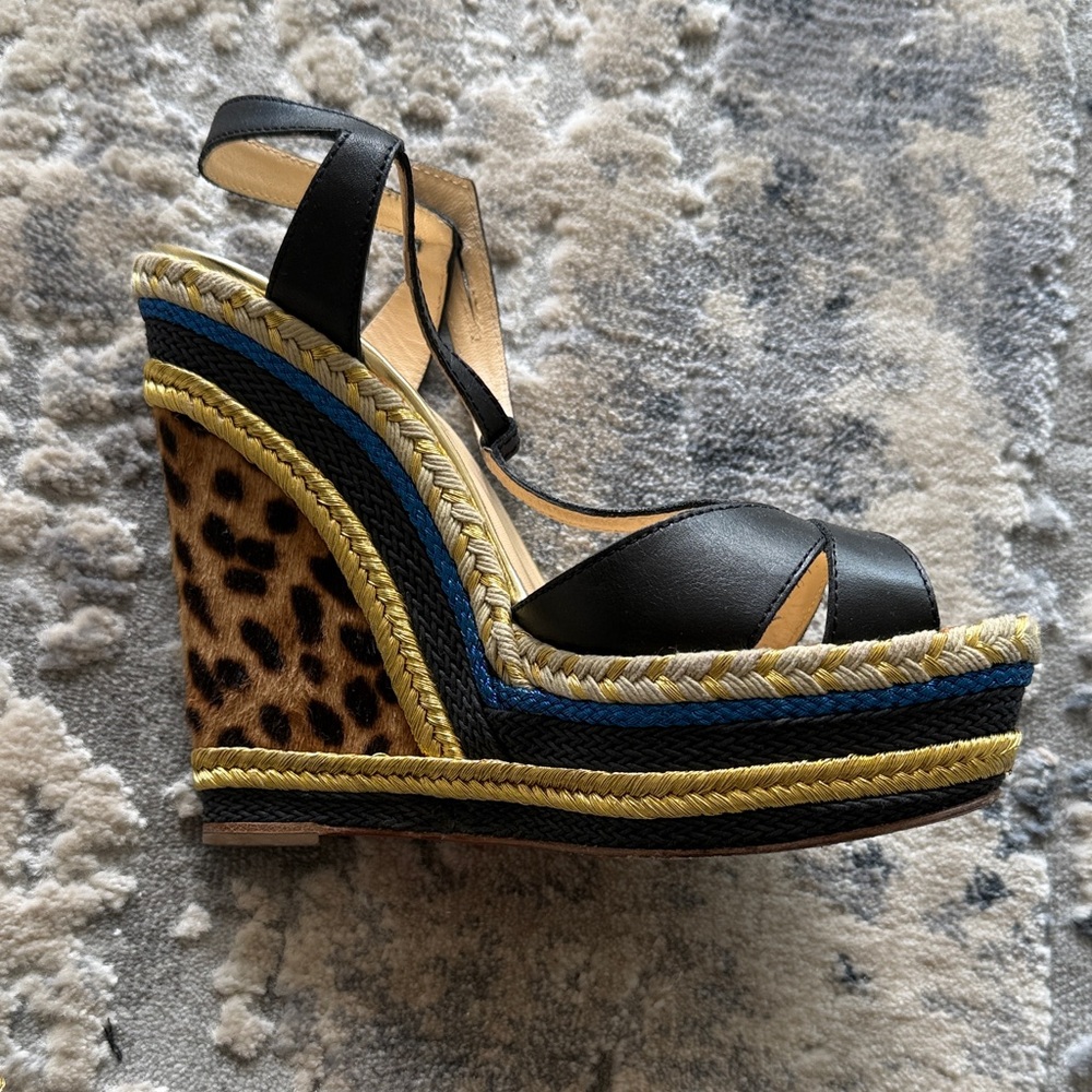 Black Leather & Leopard Wedge Sandals with Blue and Yellow Trim